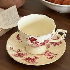 YOUMIKA  -  French Red Flower Bone Porcelain Coffee Cup with High Grade Retro Flower British Afternoon Tea Cup Plate Gift