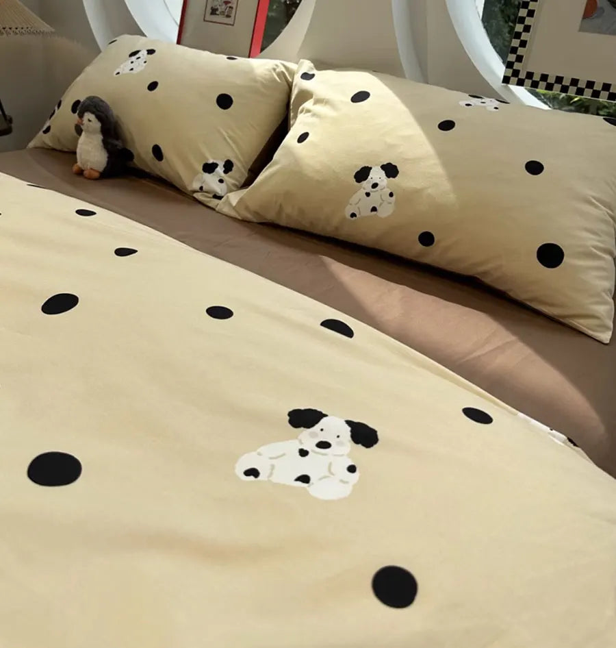 YOUMIKA  -  Cute Cartoon Dog Polka Dot Bedding Set Single Double,twin Full Queen King Cotton Home Textile Bed Sheet Pillow Case Quilt Cover