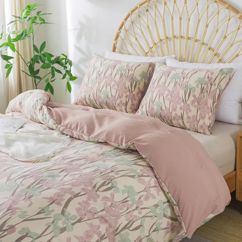 YOUMIKA  -  Garden Style Floral Duvet Cover 100% Cotton Duvet Covers Ultra Soft Green Floral Bedding Sets with Zipper Closure