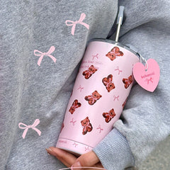 YOUMIKA  -  Cute Pink Bow Teddy Bear Insulated Cup 304 Stainless Steel Portable Straw Cup Water Bottles