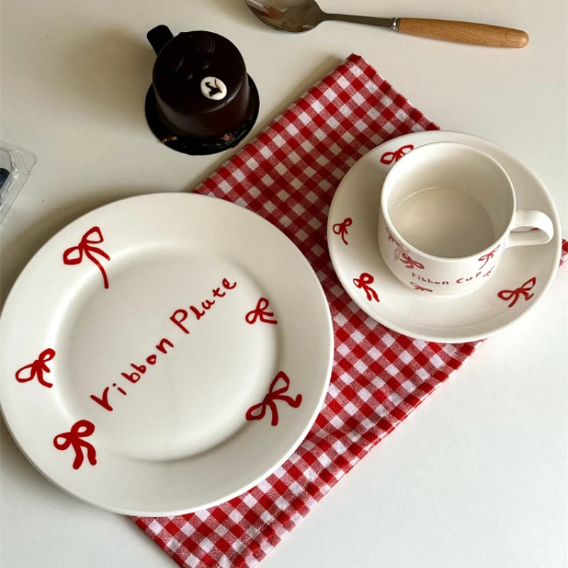 YOUMIKA  -  Korean Cute Bow Coffee Cup Plate Ceramic Plate Dessert Plate Kitchen Plates Sets Dinner Plates