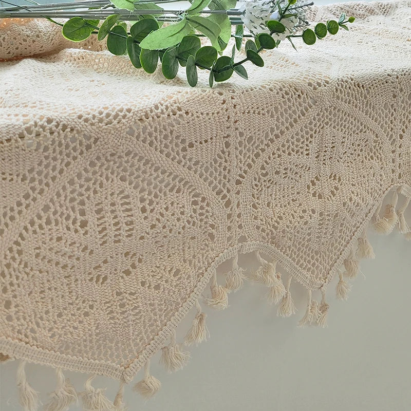 YOUMIKA  -  Lace Curtain Valance Macrame Window Decor with Boho Style Handmade Tassels Floral Sheer Curtains for Kitchen Rod Pockets 1 Panel