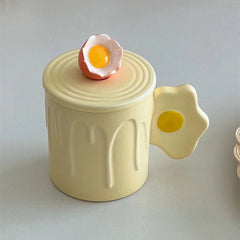 YOUMIKA  -  Cute Yellow Fried Egg Poached Egg Creative Milk Ceramic with Lid Mark Water Cup Breakfast