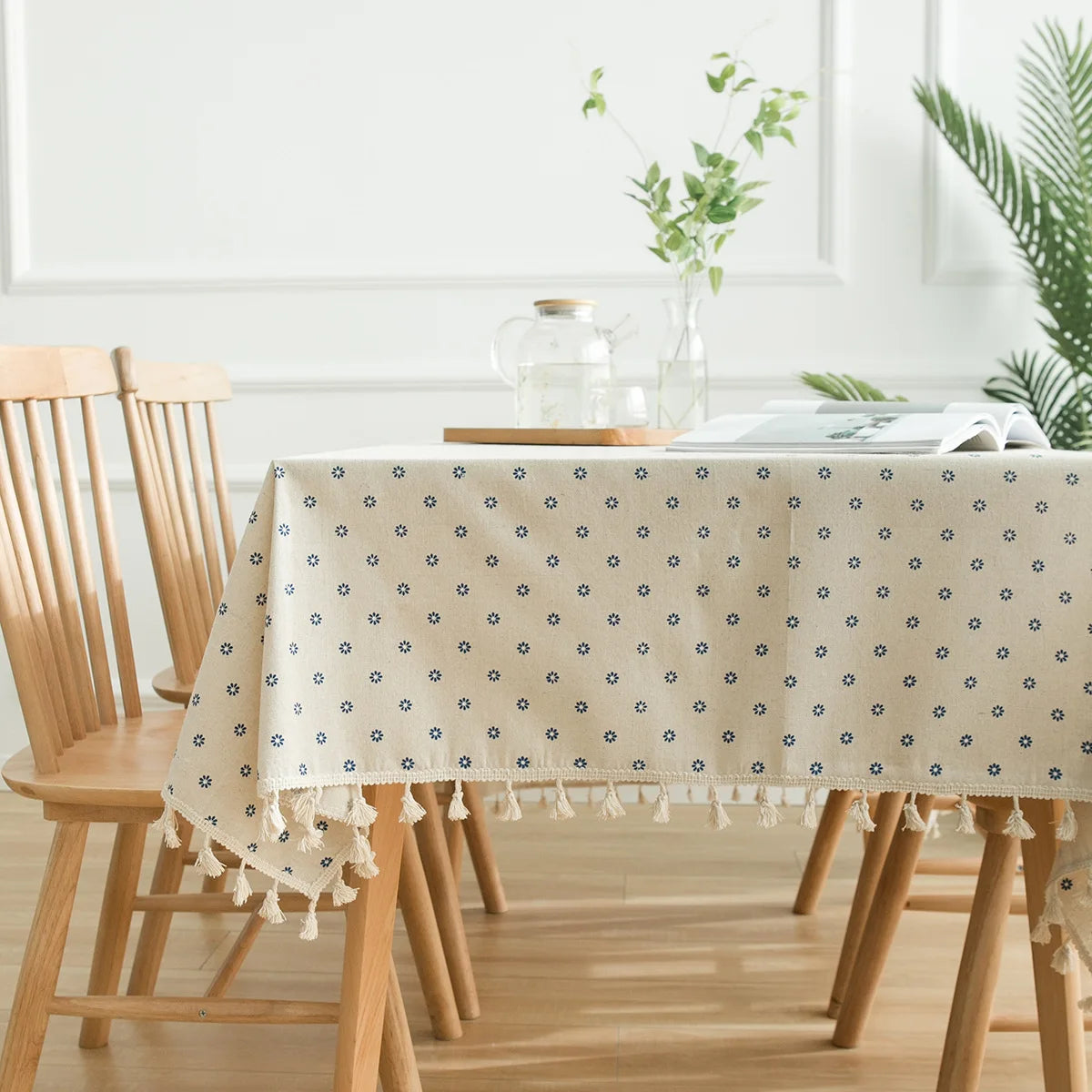 YOUMIKA  - Cotton Linen Tablecloth, Beige and Blue Flower, American Rural and Pastoral Style, Table Cover Decoration