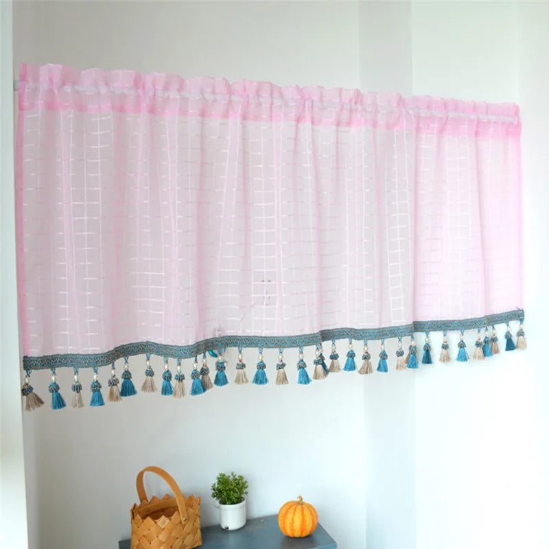 YOUMIKA  -  Boho Kitchen Curtains Modern Farmhouse Cotton Linen Short Window Panel Country Gingham Tassel Cafe Semi-Sheer Curtain Decoration