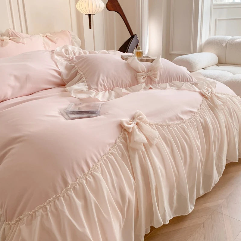 YOUMIKA  -  Korean Style Princess Lace Bow Bedding Set Pink Sweet Girl Chiffon Ruffles Duvet Cover Bed Sheet Pillowcase Wedding Home Textile