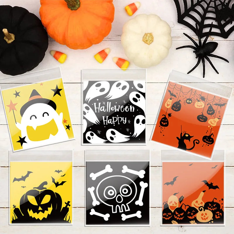 YOUMIKA  -  100Pcs Halloween Candy Bags Pumpkin Ghost Plastic Gift Cookie Packaging Bags Halloween Party Decor Supplies Kids Trick or Treat