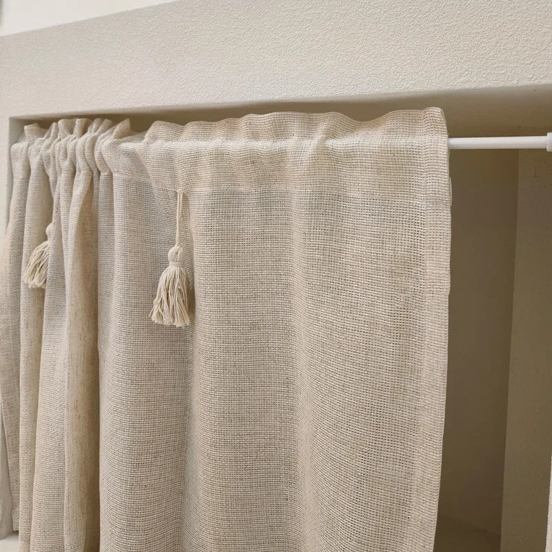 YOUMIKA  -  Kitchen Curtains Cotton Linen Beige Short Curtain Broom Tassels Window Valance Cafe Curtain Tiers For Farmhouse Bedroom Door