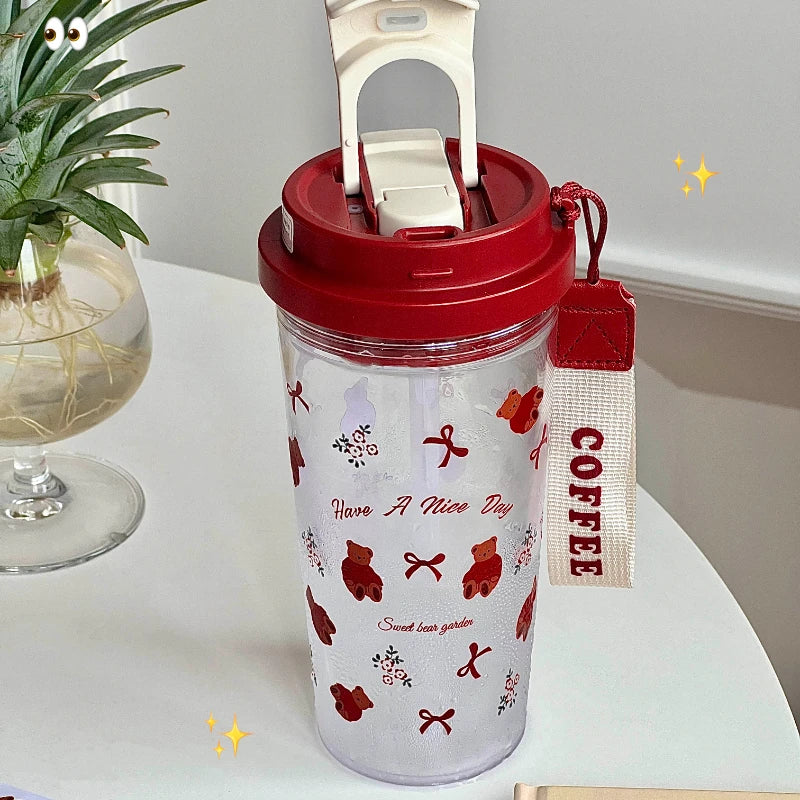 YOUMIKA  -  Cute Red Bear Bow Water Cup Summer Large Capacity Straw Double Mouth High Temperature Resistant Tritan Material