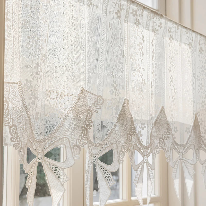 YOUMIKA  -  Lace Sheer Valance Curtain White Mesh Window Kitchen Valance Embroidery Floral Voile Curtain Tiers for Kitchen Dinning Bathroom