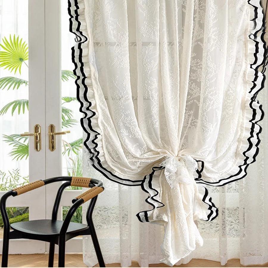 YOUMIKA  -  French Cream Wind Leaves Branches Flocking Opaque Bedroom Tulle Curtain with Black Ruffle Lace, Retro Luxury Living Room Decor