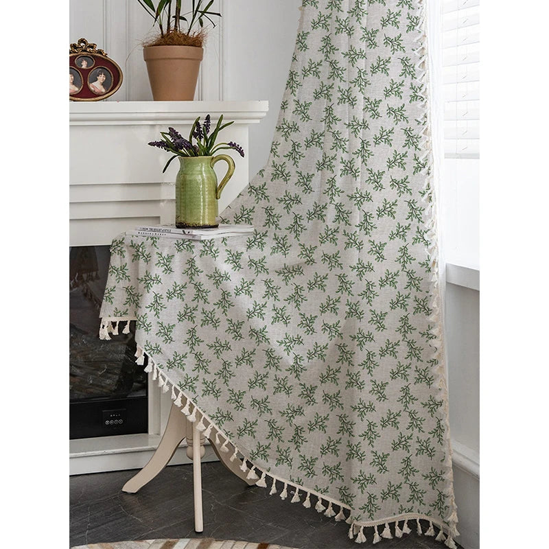 YOUMIKA  -  Cotton Linen Small Green Leaf Curtains Rural Pastoral Tropic Style Curtain with Broom Tassels, Bedroom Living Room Customizable