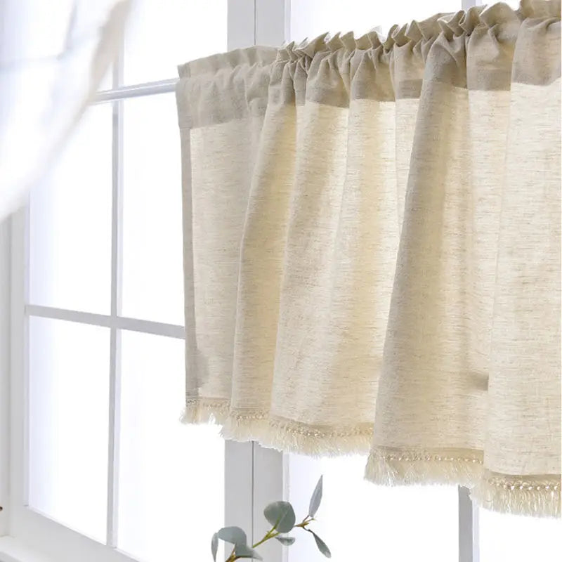 YOUMIKA  -  Boho Kitchen Curtain Linen Textured Beige Half Window Curtain with Tassels for Bathroom Living Room Laundry Light Filtering 1 Pc