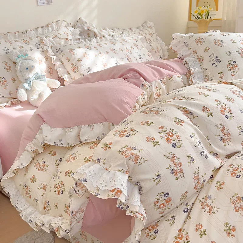 YOUMIKA  -  Fresh Floral Duvet Cover Set No Filler Lace Ruffles Bedding Washed Cotton Bed Linens Flat Sheet Pillowcase for Girls 200x230cm