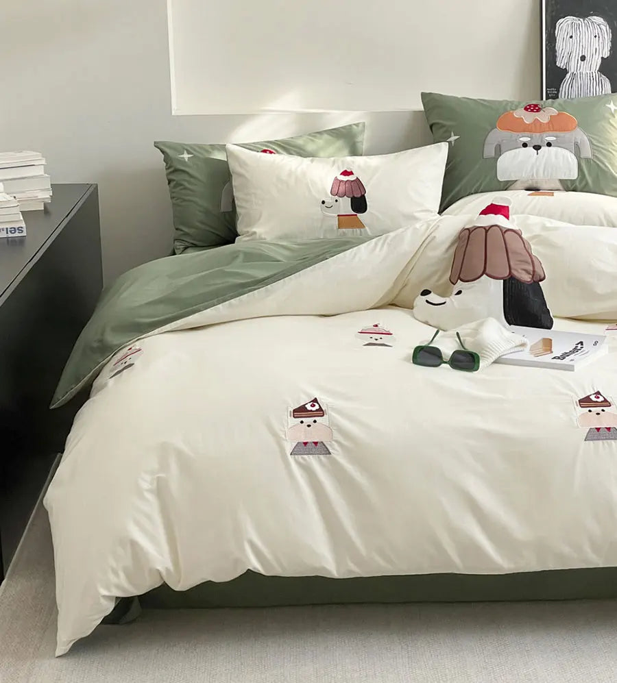 YOUMIKA  -  Cute cartoon embroidery bear dog green bedding set,twin full queen king cotton home textile bed sheet pillow case quilt cover