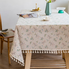 YOUMIKA  -  Linen Cotton Printing Flower Blossom Pattern Broom Tassels Tablecloth Dinner Picnic Home Decorative Table Cover Assorted Size