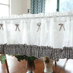 YOUMIKA  -  Boho Ruffle Embroidery Cafe Curtain Cotton Linen Textured with Bow-Knot Elegant Rod Pocket and Semi Sheer Window Curtain Valance