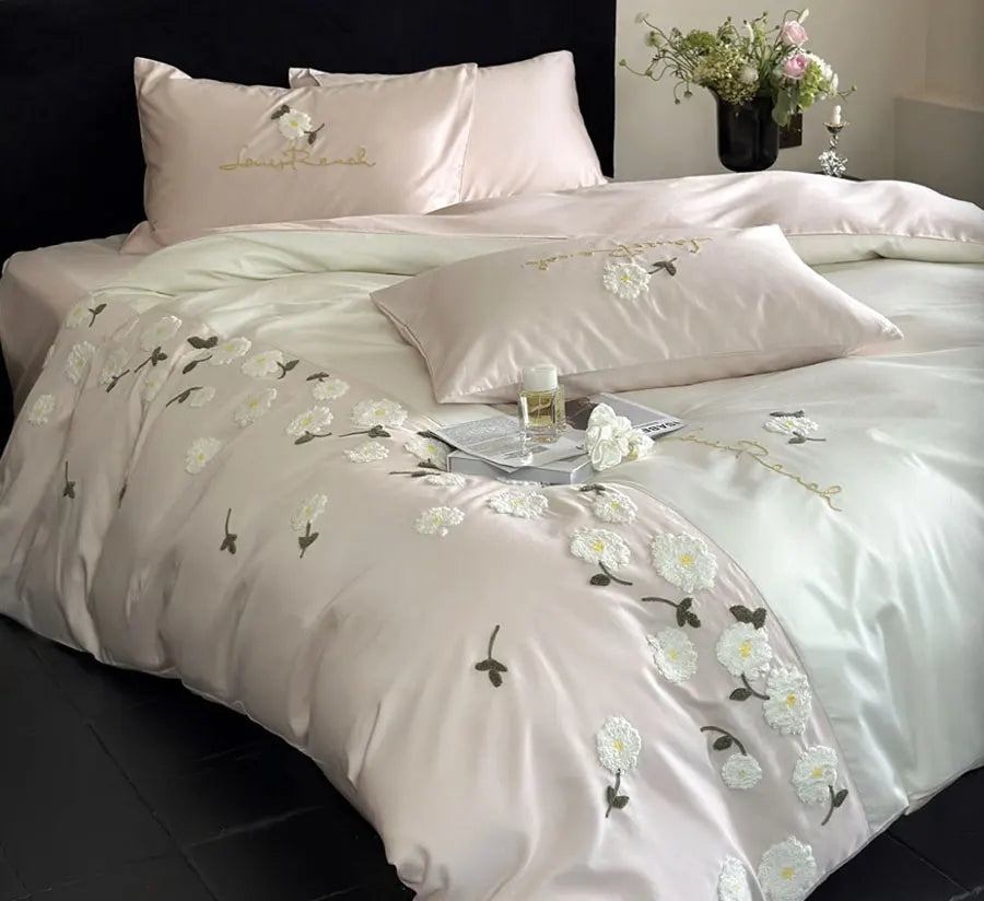 YOUMIKA  -  Fresh fashion embroidery daisy green pink bedding set,twin full queen king cotton home textile bed sheet pillow case quilt cover