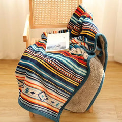 YOUMIKA  -  Sherpa Throw Blanket Soft Plush Reversible Bohemian Flannel Blankets Boho Stripe Bed Blanket for Sofa & Couch Home Decors TJ7228