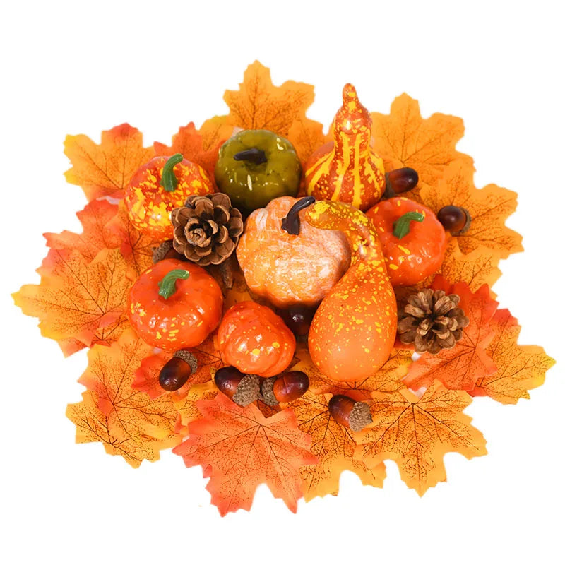 YOUMIKA  -  50Pcs Artificial Pumpkin Maple Leaves Pine Cones Set Thanksgiving Fall Home Table Decoration Photo Props Halloween Party Supply