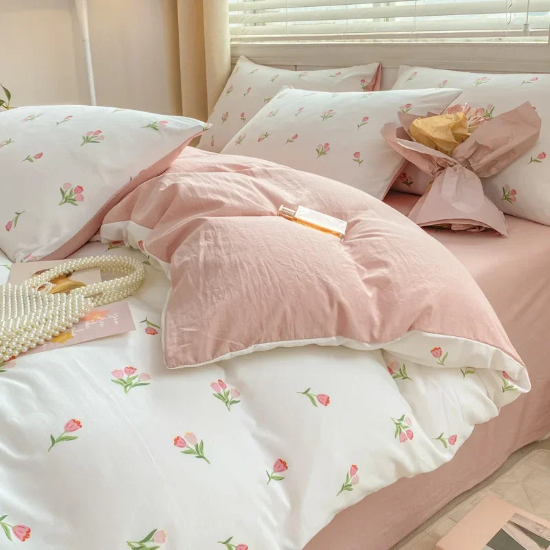 YOUMIKA  -  Romantic Tulip Pink Bedding Set Bed Flat Sheet Pillowcase Twin Full Queen Bed Linen Kids Girls Floral Duvet Cover No Filling