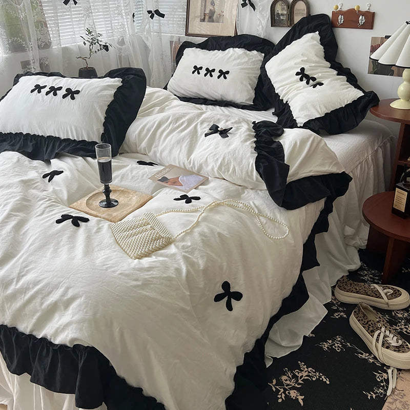 YOUMIKA  -  Korean Princess Style Kawaii Girl Black Bow Bedding Set Skin-friendly Soft Duvet Cover Set Bed Sheet Or Bed Skirt Pillowcases