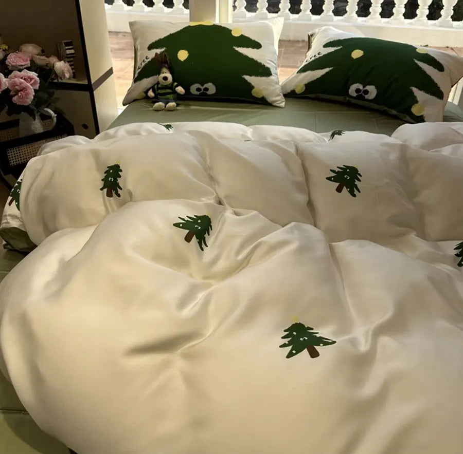 YOUMIKA  -  Cute Cartoon Tree Green Bedding Set 1.2 1.5 1.8 2.0,twin Full Queen King Kawaii Home Textile Bed Sheet Pillow Case Duvet Cover