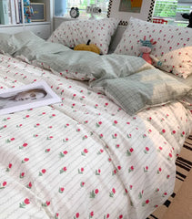 YOUMIKA  -  Fashion pastoral flower green red stripe plaid bedding set,twin full queen cotton home textile bed sheet pillow case quilt cover