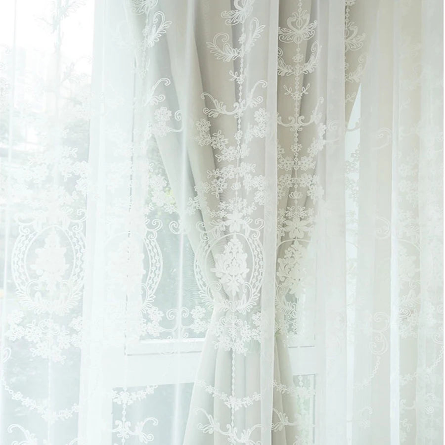 YOUMIKA  -  European Window Treatment White Embroidered Sheer Curtains with Beige Blackout Cloth Double Layer Drapes for Living Room Decor