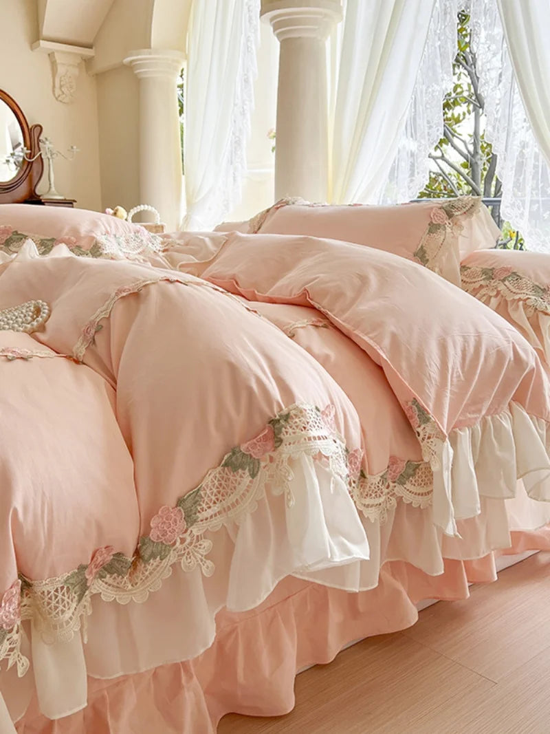 YOUMIKA  -  Ins Pink Confirtable Soft Cotton French Wedding Bedding Set Flowers Lace Embroidery Ruffles Duvet Cover Bed Sheet Pillowcase