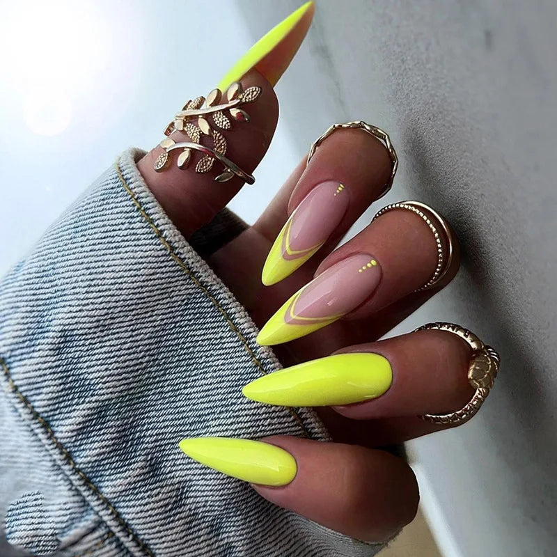 YOUMIKA  -  24Pcs Gradient Yellow Sequins False Nails with Almond Geometry Design Stiletto Press on Nails Long Wearable Fake Nail Tips