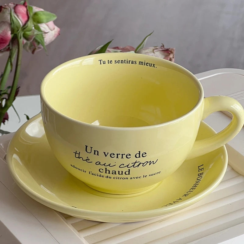 YOUMIKA  -  Retro Milk Yellow French Coffee Cup Plate Breakfast Cup Ceramic Tableware Afternoon Tea Cup