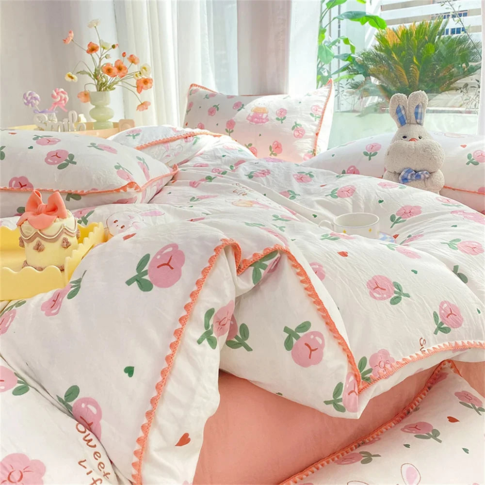 YOUMIKA  -  Ins Pink Flowers Rabbit Comforter Bedding Set Soft Washed Cotton Bed Sheet Girls Kids Quilt Cover Pillowcase Bed Linens