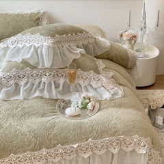 YOUMIKA  -  Vintage French Double Layer Lace Ruffles Carved Velvet Bedding Set, Furry Warm Duvet Cover, Flat/Fitted Bed Sheet, Pillowcases