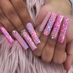 YOUMIKA  -  24Pcs Artificial False Nails Long Coffin Full Cover Fake Nails with Butterfly Rhinestone Design Wearable Ballet Press on Nails