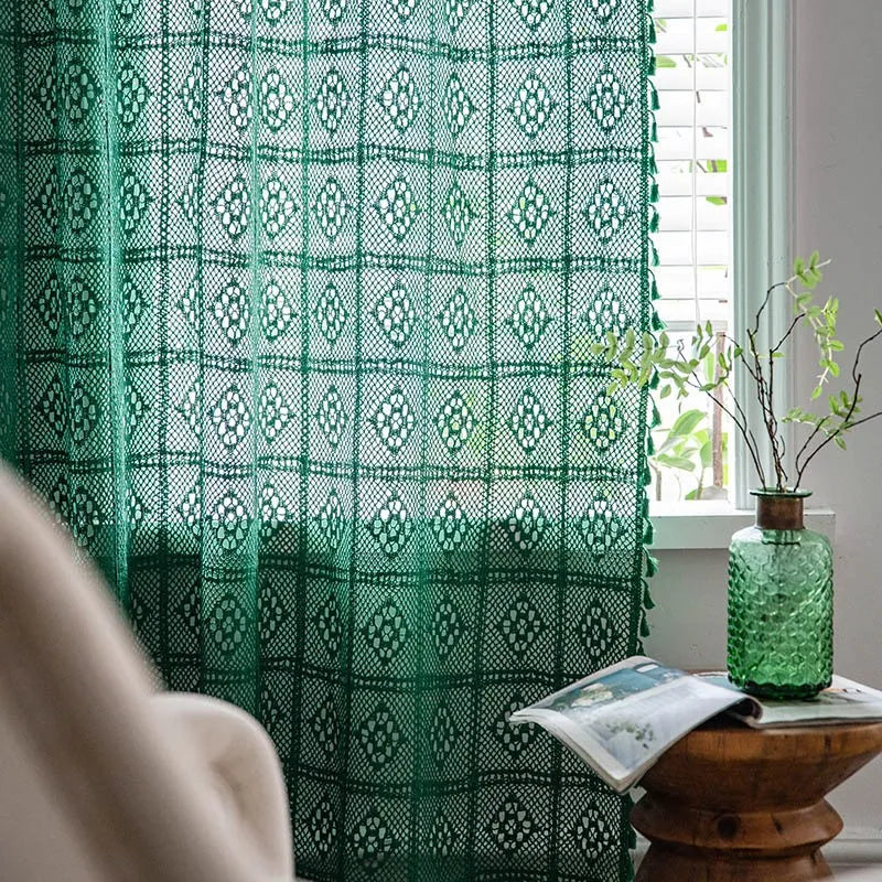 YOUMIKA  -  American Style Dark Green Vintage Hollowing Crochet Patchwork Window Curtain Blackout Drapes for Living Room Study Curtain