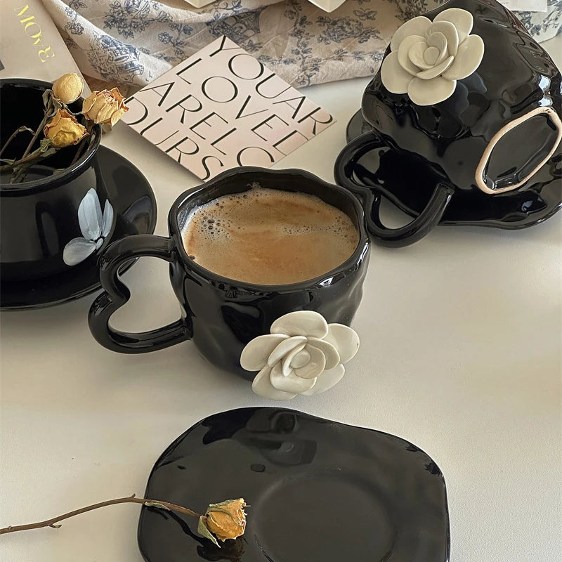 YOUMIKA  -  Handmade 3D Camellia Flower Black Coffee Afternoon Tea Cup Plate Ceramic Cup Gift Cup