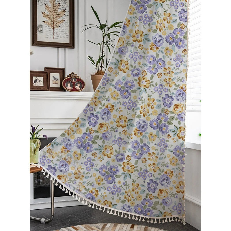 YOUMIKA  -  Floral Flower Printed Curtains Pastoral Style Darkening Drape Cotton Curtain Panel With Tassel For Living Room Bedroom