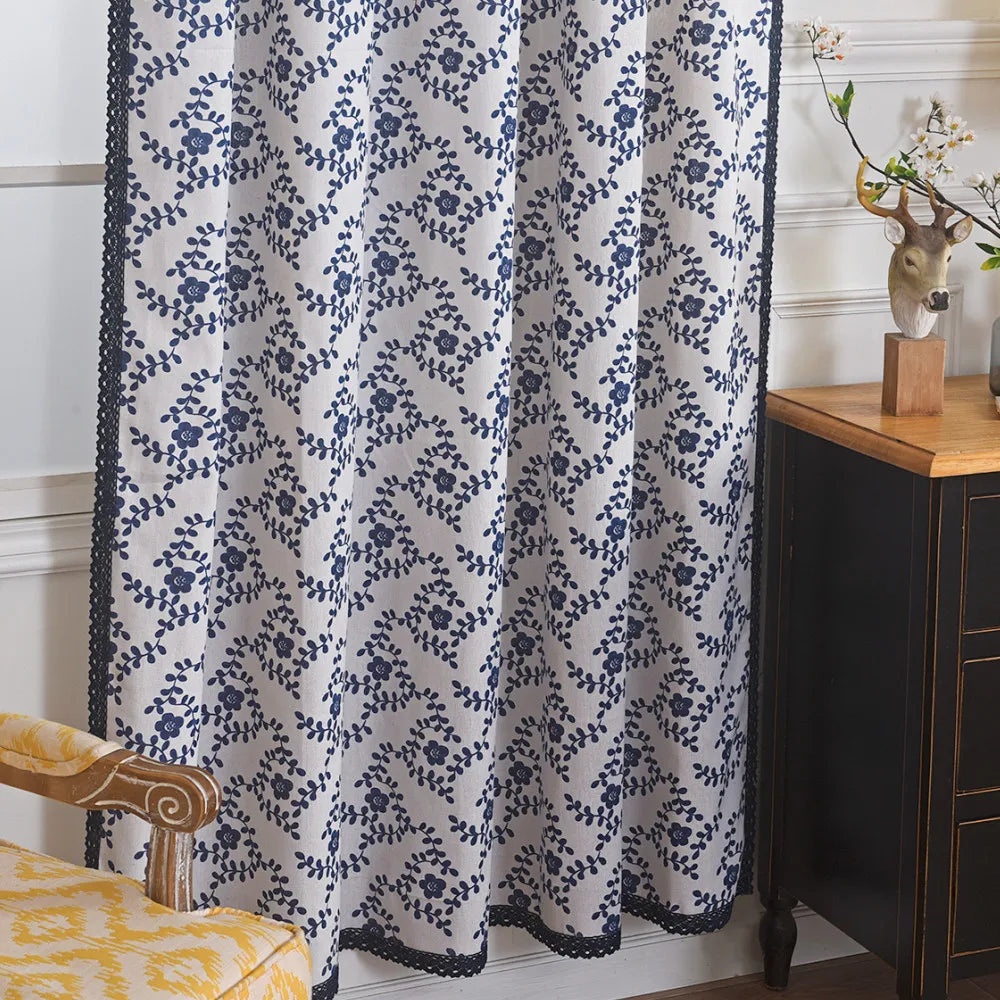 YOUMIKA  - Blue Floral Cotton Linen Curtain, One Panel Darkening Curtains for Living Rooms, Bedrooms with Rod Pocket and Easy Hanging