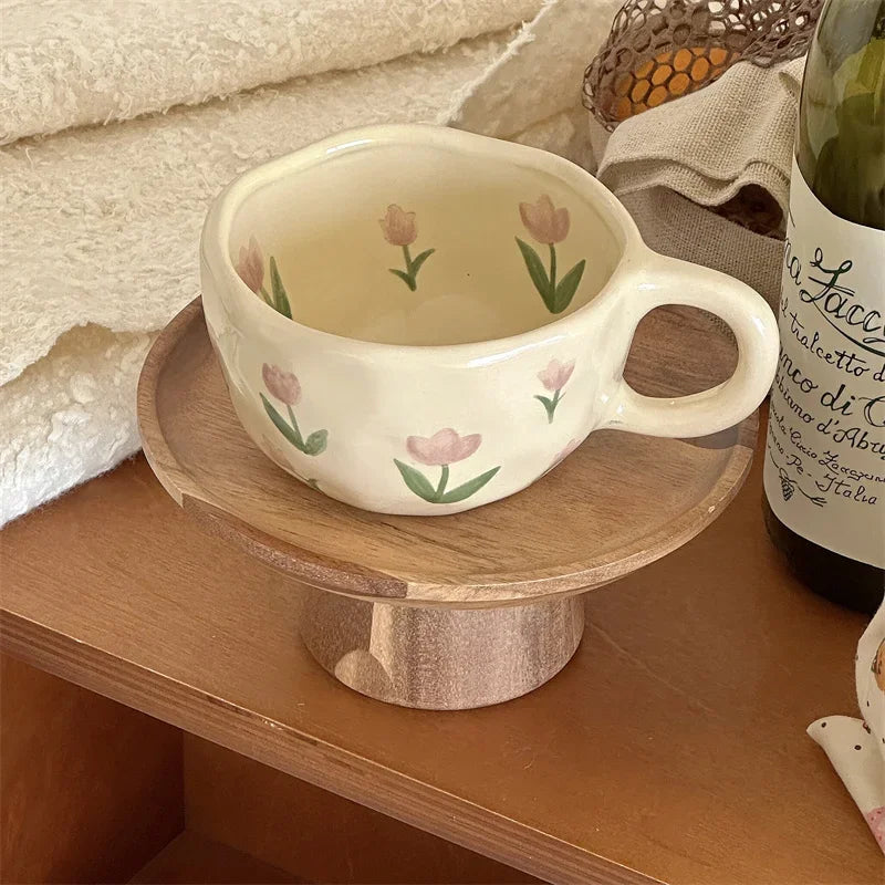 YOUMIKA  -  Vintage Rough Pottery Hand Drawn Korean Style Flower Bud Hand Pinched Ceramic Coffee Cup Breakfast Oatmeal Fruit Handle Cup