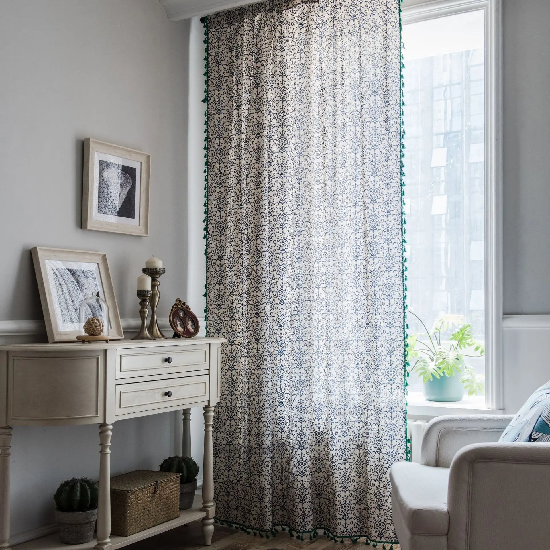 YOUMIKA  -  Blue And White Porcelain Curtains French Rural And Pastoral Style Curtain With Green Broom Tassels Bedroom And Living Room