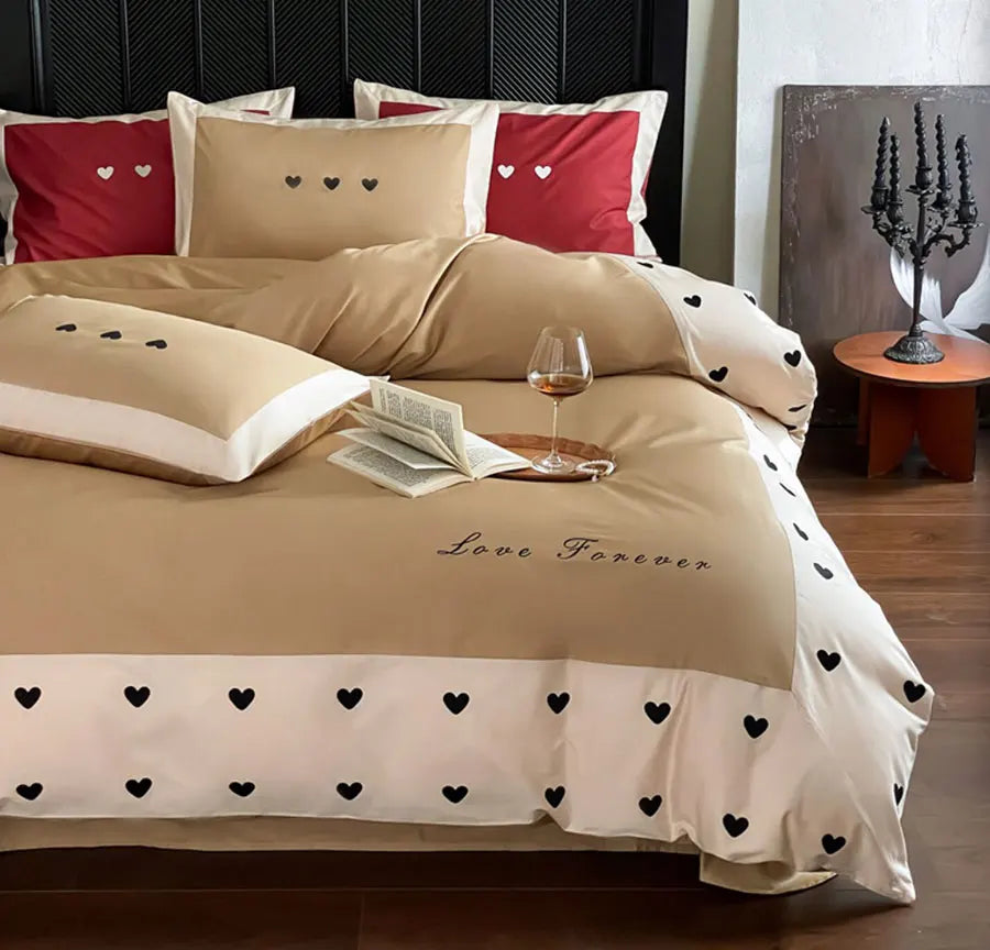 YOUMIKA  -  Fashion sweet red khaki heart bedding set,full queen king trend modern cotton home textile bed sheet pillow case duvet cover