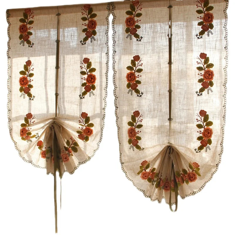 YOUMIKA  -  Pastoral flower curtains cotton and linen drifters lifting Roman curtains American style shading living room partition gauze