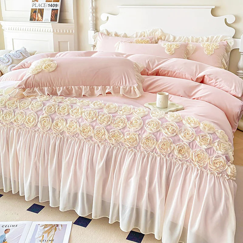 YOUMIKA  -  3Pcs Pink Skin-friendly Soft Three-dimensional Flowers Embroidery Lace Ruffles Princess Bedding Set Duvet Cover With Pillowcases