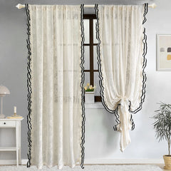 YOUMIKA  -  French Cream Wind Leaves Branches Flocking Opaque Bedroom Tulle Curtain with Black Ruffle Lace, Retro Luxury Living Room Decor