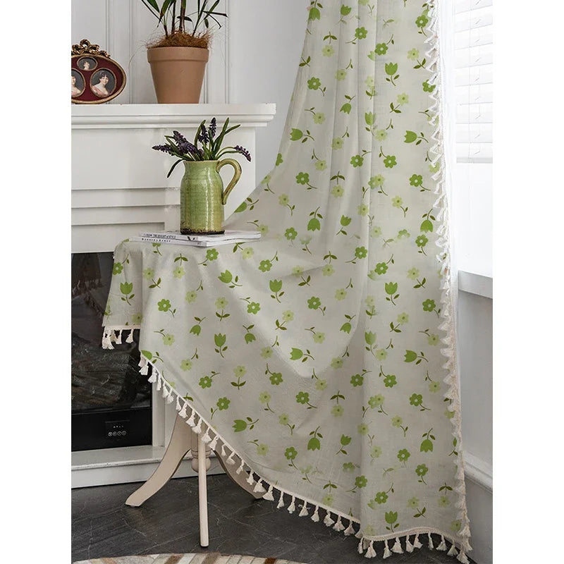 YOUMIKA  -  Bohemian Floral Printed Curtains Pastoral Style Cartoon Flower Drape Cotton Curtain Panel with Tassel for Living Room Bedroom