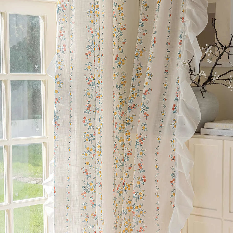 YOUMIKA  -  French Romantic Flower Opaque Window Screen Gauze Curtains with Ruffled,Retro Light Luxury Linen Tulle Drapes For Home Room