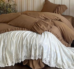 YOUMIKA  -  Elegant fairyfair lace brown coffee bedding set,full queen king vintage cotton home textile bed skirt pillow case duvet cover