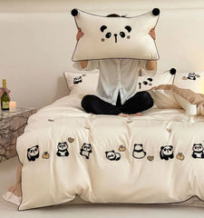 YOUMIKA  -  Cute embroidered panda bedding set single double teen,twin full queen king cotton home textile bed sheet pillow case duvet cover