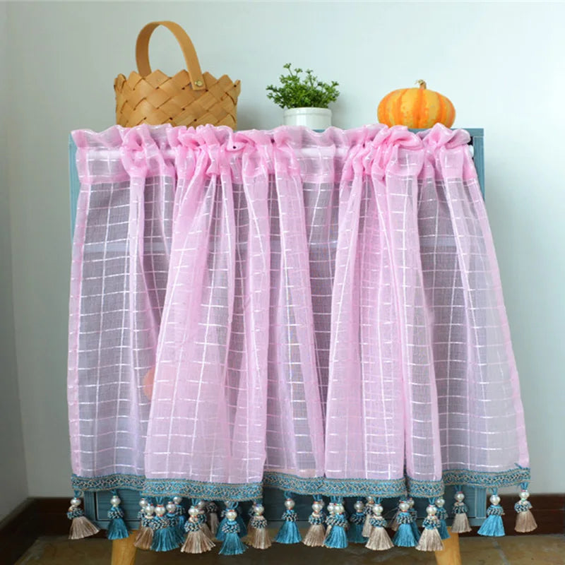 YOUMIKA  -  Boho Kitchen Curtains Modern Farmhouse Cotton Linen Short Window Panel Country Gingham Tassel Cafe Semi-Sheer Curtain Decoration